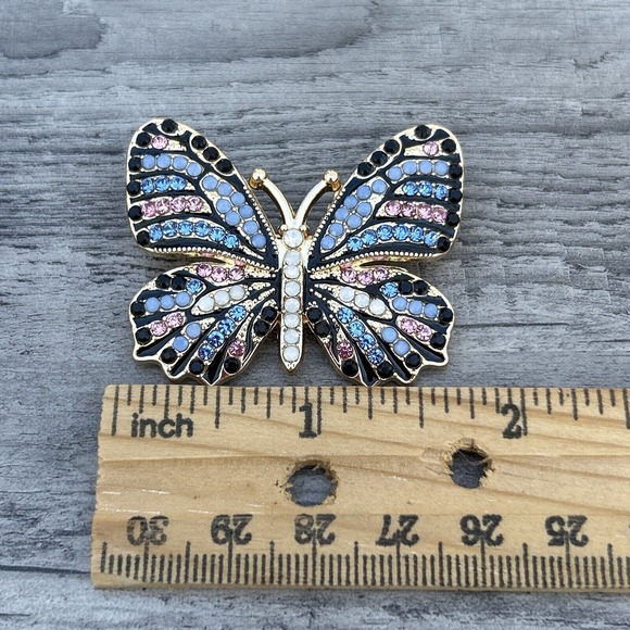 Butterfly Brooch Pin Pave Goldtone Metal Multicolored Crystals Modern - Picture 10 of 11
